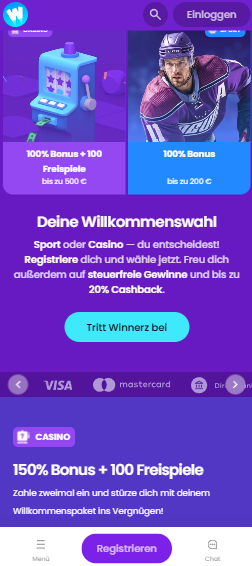 Startseite im Winnerz Casino zeigt Werbebanner mit Willkommensbonusangebot