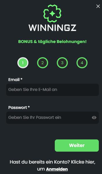 Anmeldeformular im Winningz Casino