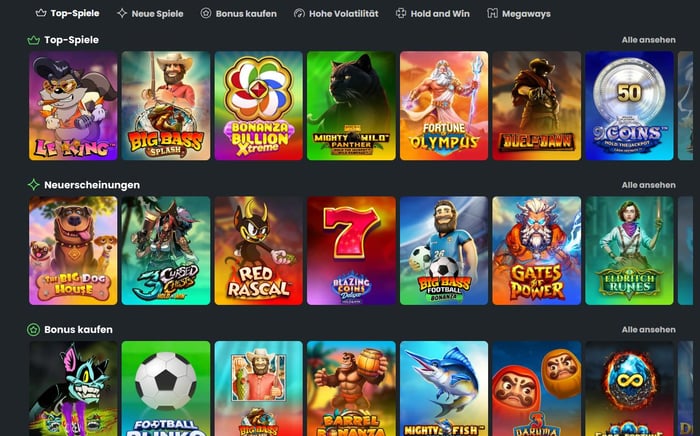 Spiellobby im Winningz Casino zeigt Spiele wie Big Bass Splash