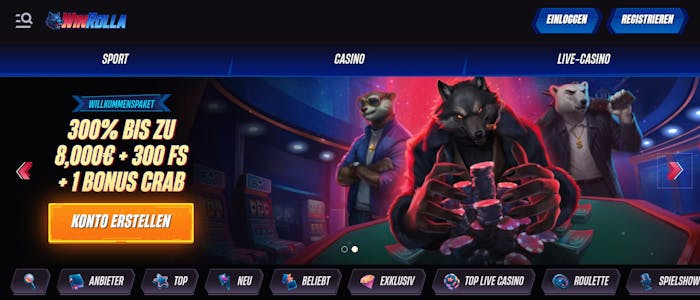 Startseite im Winrolla Casino zeigt Willkommensbonus und Spielkategorien