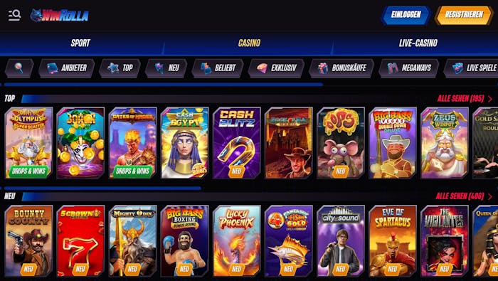 Spiellobby im Winrolla Casino zeigt Top Spiele wie Gates of Olympus neben anderen Spielkategorien