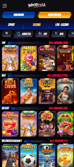 Spiellobby im Winrolla Casino zeigt Top Spiele wie Gates of Olympus neben anderen Spielkategorien