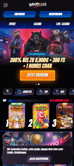 Startseite im Winrolla Casino zeigt Willkommensbonus und Spielkategorien