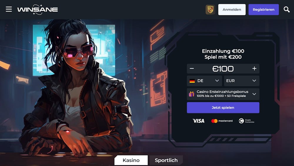 Startseite im Winsane Casino zeigt Willkommensbonusangebot und Anmeldeformular