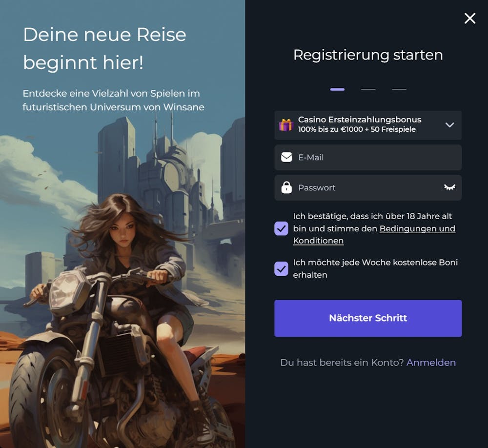 Anmeldeformular im Winsane Casino