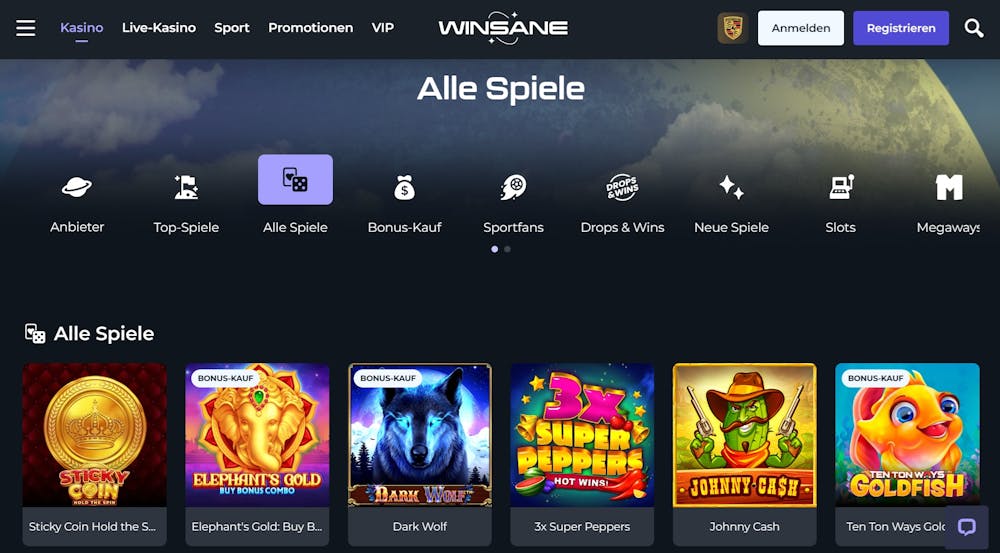 Spiellobby im Winsane Casino zeigt Spiele wie Dark Wolf neben anderen Spielkategorien