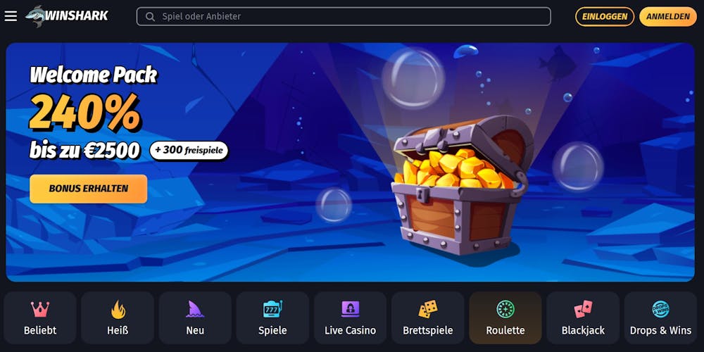 Die Webseite von Winshark, links ein Willkommensbonus von bis zu 240% und eine Schatztruhe