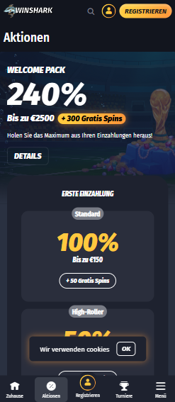 Der Willkommensbonus bei Winshark, 240% bis zu 2500€
