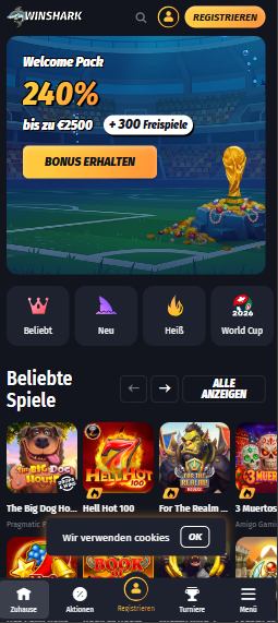 Die Webseite von Winshark, links ein Willkommensbonus von bis zu 240% und beliebte Spiele