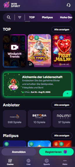 Spiellobby im Win Spirit Casino zeigt top Spiele wie Coin UP Lightning