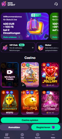 Starteite im Win Spirit Casino zeigt Promotionen, Menü und Spiele
