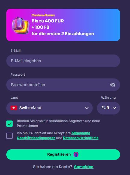 Anmeldeformular im Win Spirit Casino