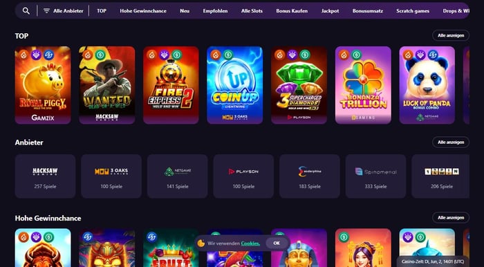 Spiellobby im Win Spirit Casino zeigt top Spiele wie Coin UP Lightning