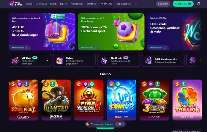 Starteite im Win Spirit Casino zeigt Promotionen, Menü und Spiele