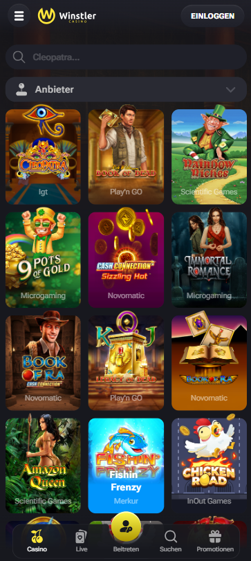 Spiellobby im Winstler Casino zeigt Spiele wie Book of Dead neben anderen Spielen