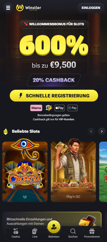 Startseite im Winstler Casino zeigt Willkommensbonus und beliebte Slots