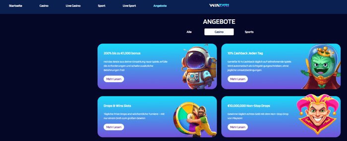 Wintari Casino Screenshot mit der Auswahl der Casino Boni.