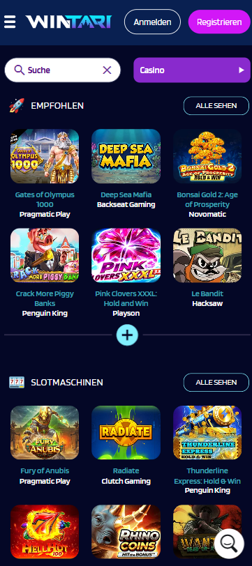 Spiellobby im Wintari Casino zeigt empfohlene Spiele wie Gates of Olympus 1000 neben anderen Spielkategorien