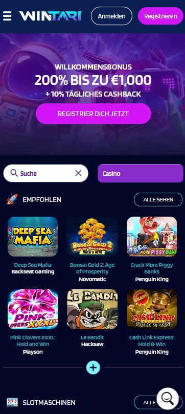 Startseite im Wintari Casino zeigt Willkommensbonus, empfohlene Spiele und Suchleiste