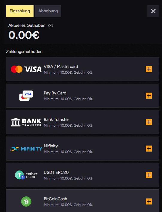 Einzahlungen im Wintino Casino