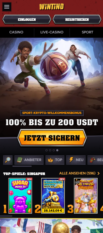 Startseite im Wintino Casino zeigt Sport-Krypto-Willkommensbonus und top Spiele