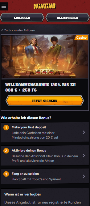 Wintino Screenshot mit dem Willkommensbonus.