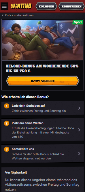 Wintino Screenshot mit dem Reload Bonus Angebot.