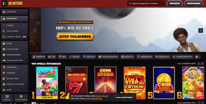 Startseite im Wintino Casino zeigt Willkommensbonus, Menü und Spiele
