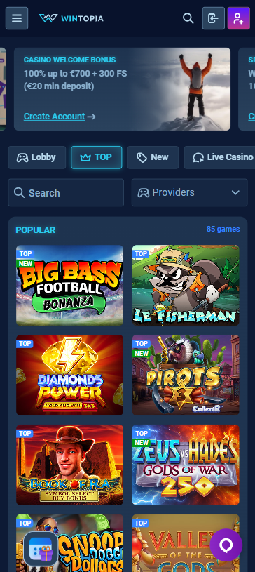 Spiellobby im Wintopia Casino zeigt beliebte Spiele wie Le Fisherman neben anderen Spielkategorien