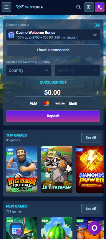 Startseite im Wintopia Casino zeigt Willkommensbonus, top und neue Spiele