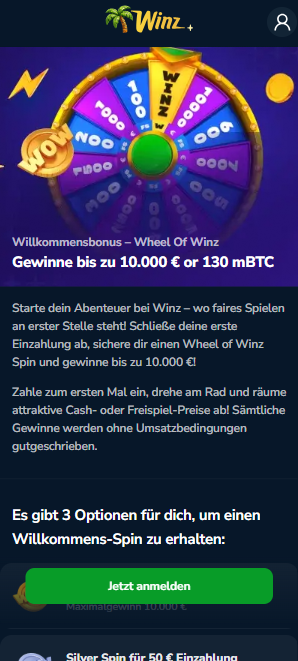 Winz Casino Screenshot mit dem Bonus ohne Umsatzbedingungen.