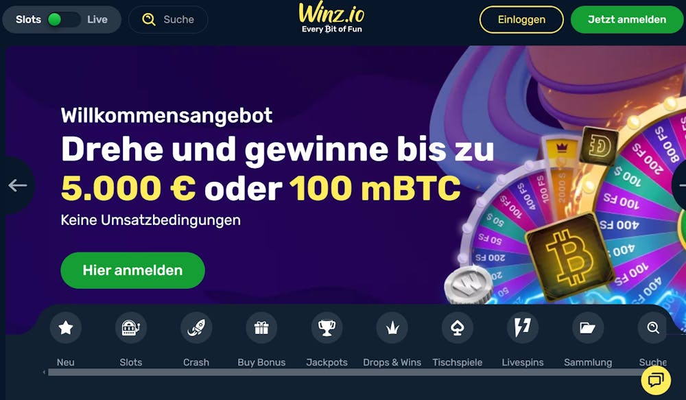 Startseite des Winz.io Casinos mit Suchleiste, Anmeldebutton, Spielkategorien und Willkommensbonusbanner