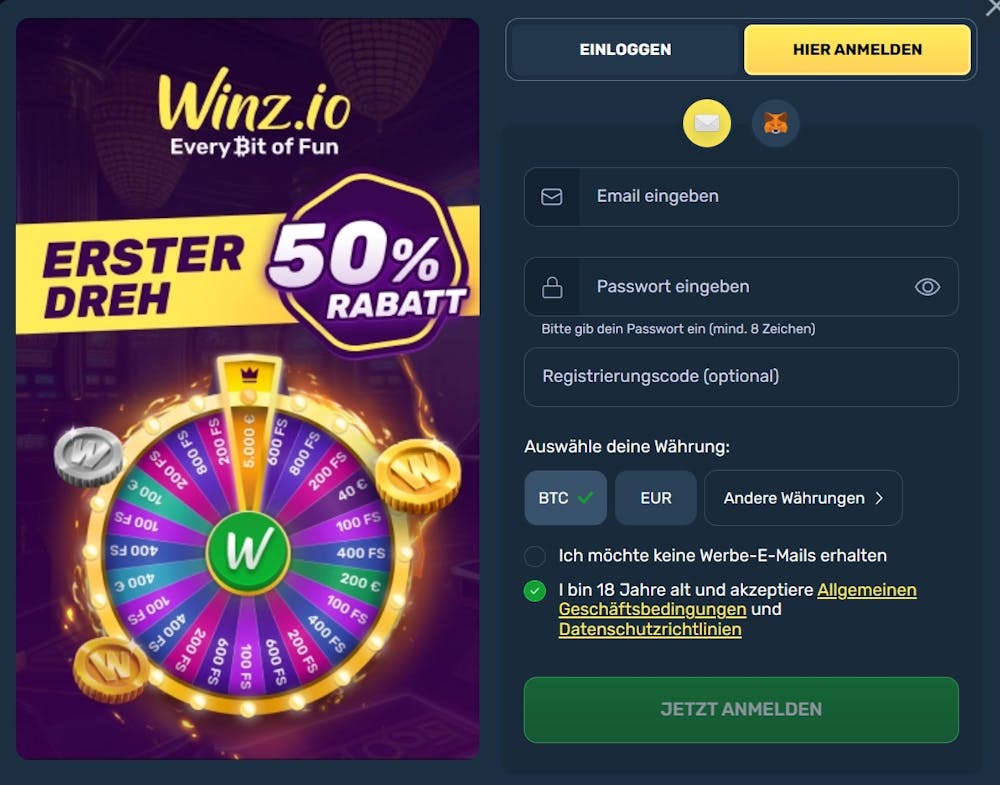 Winz.io Casino Anmeldeformular mit Willkommensbonusangebot