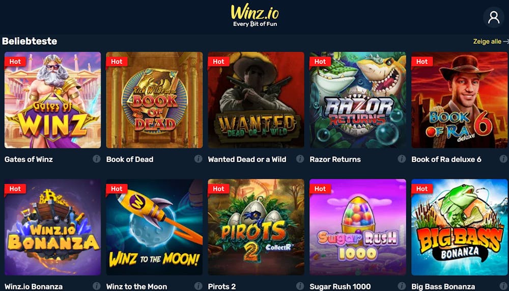 Winz.io Casino Spiellobby mit beliebtesten Spielen