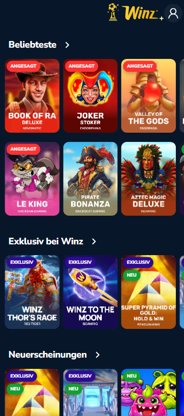 Spiellobby im Winz.io Casino zeigt beliebteste Spiele wie Book of Ra Deluxe neben anderen Spielkategorien