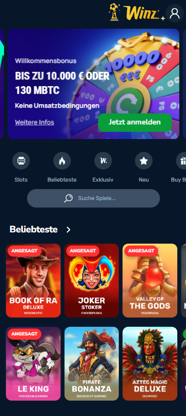 Startseite im Winz.io Casino zeigt Willkommensbonus und beliebte Spiele wie Book of Ra