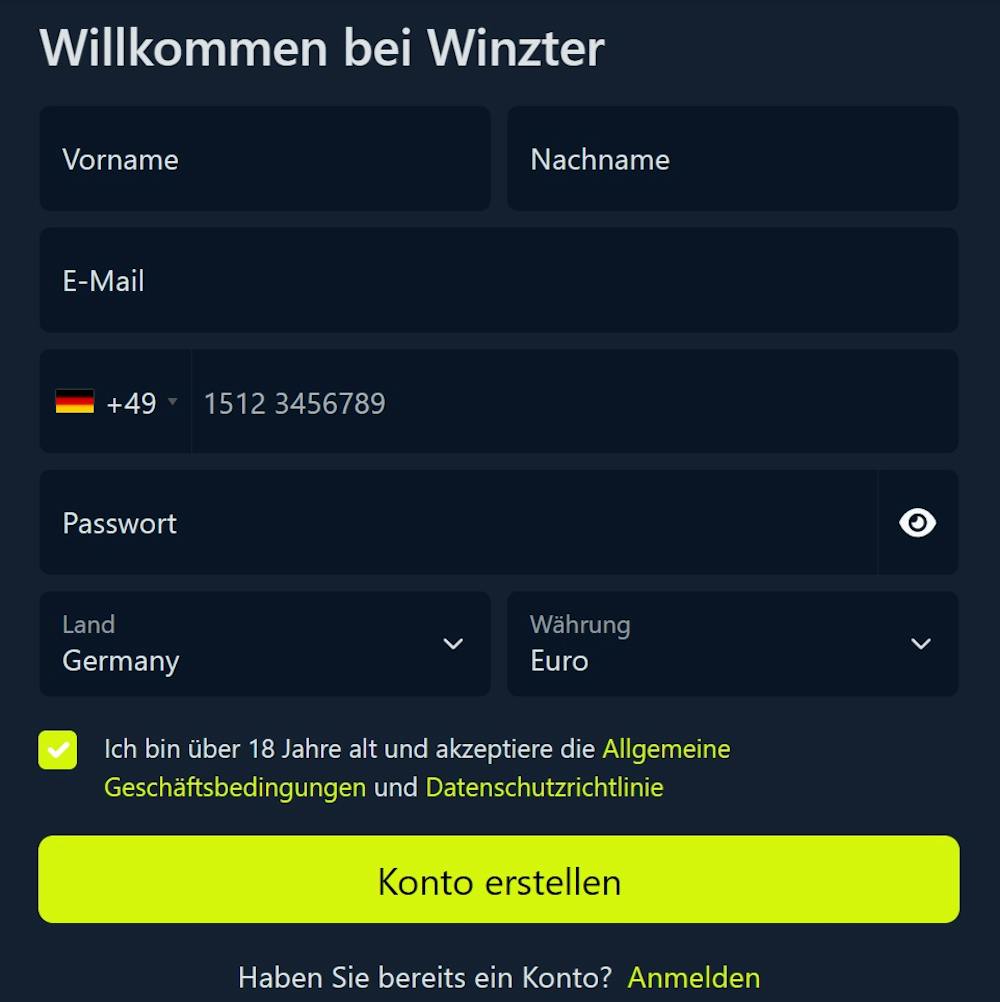 Das Registrierungsformular von Winzter Casino