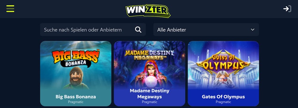 Die Slotansicht bei Winzter Casino mit Titeln wie Big Bass Bonanze und Gates of Olympus