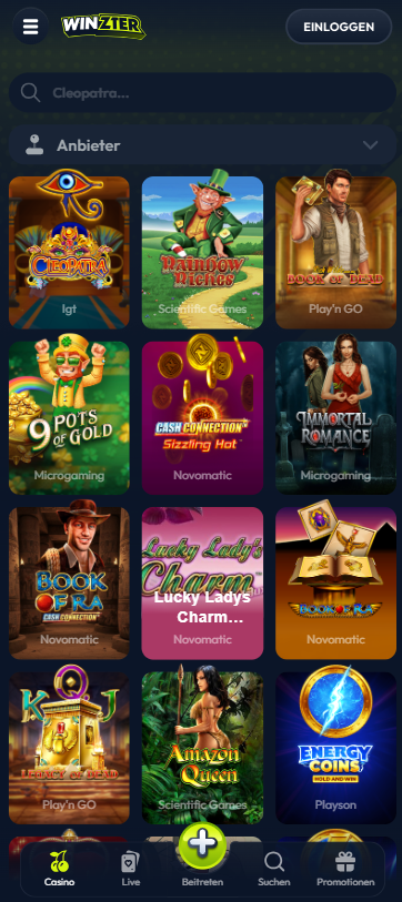 Spiellobby im Winzter Casino zeigt Spiele wie Book of Dead neben Suchleiste und Anbieterfilter