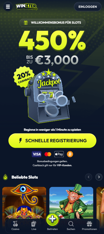 Startseite im Winzter Casino zeigt Willkommensbonus und beliebte Slots