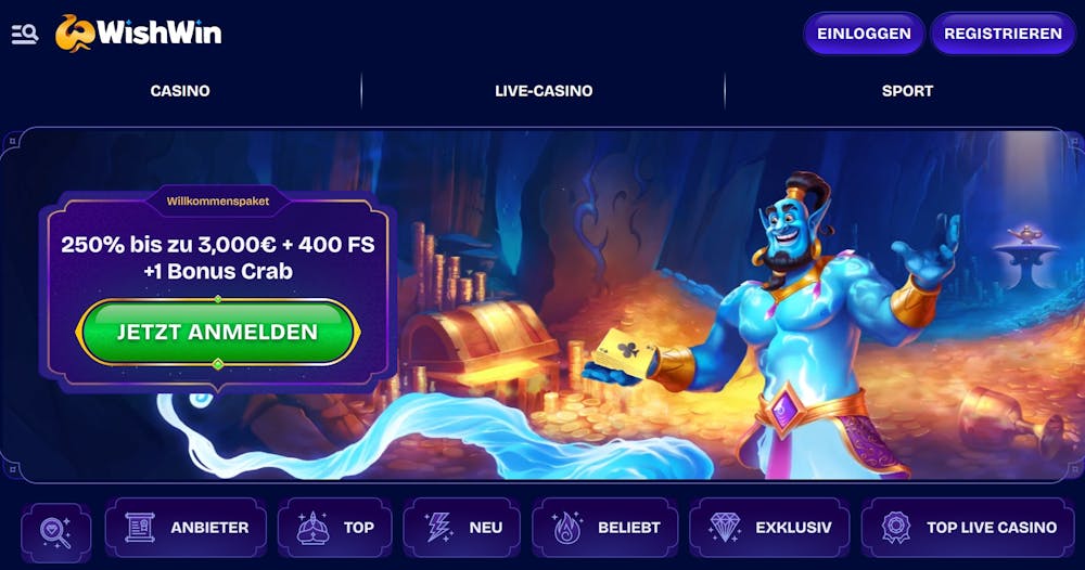 Wishwin Casino Screenshot mit dem Willkommensangebot bis 3.000 €, dazu 400 Freispiele und einer Bonus Crab.