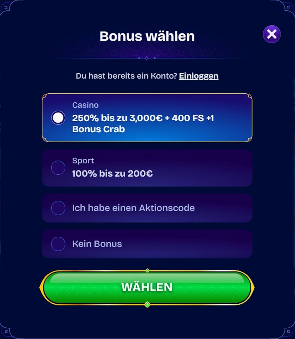 Wishwin Casino Screenshot mit der Anmeldeseite zum Eingeben der Daten.