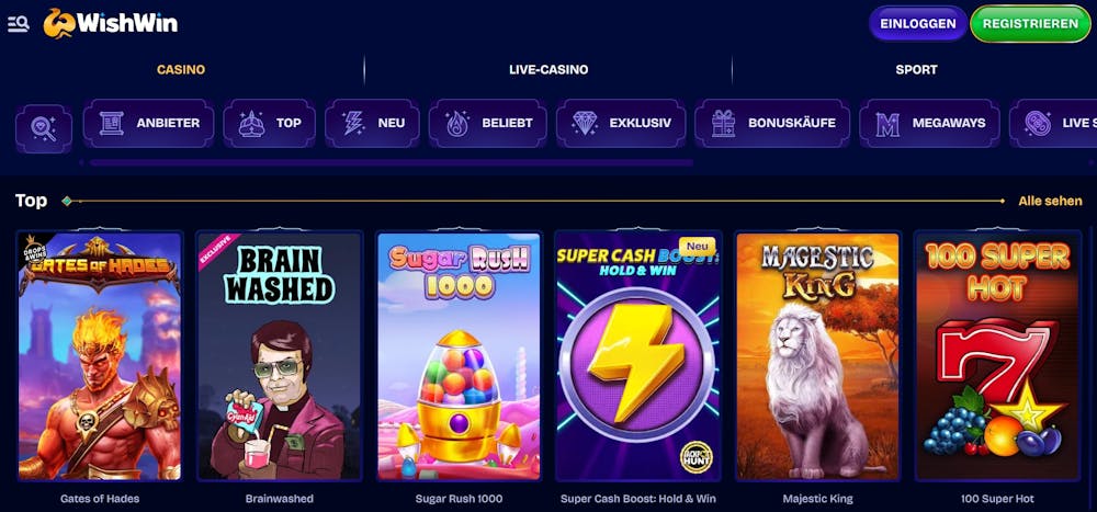 Wishwin Casino Screenshot mit der Slot Auswahl, darunter Brain Washed und Sugar Rush 1000.