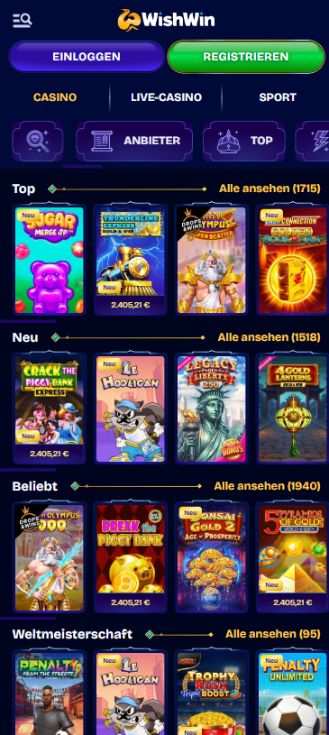 Spiellobby im WishWin Casino zeigt neue Spiele wie Le Hooligan neben anderen Spielkategorien