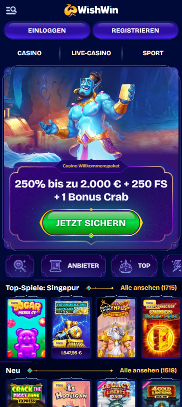 Startseite im WishWin Casino zeigt Willkommensbonus, top Spiele und Spielkategorien