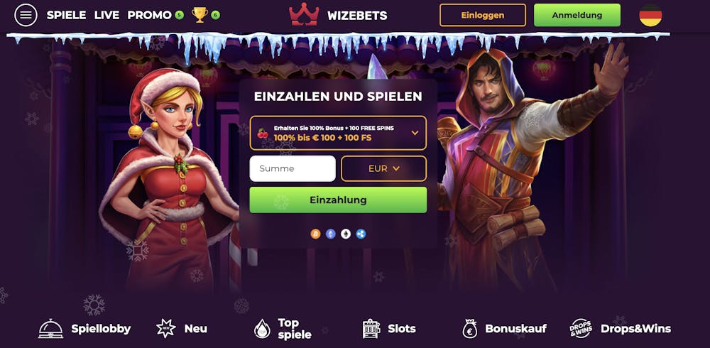 Startseite des Wizebets Casinos