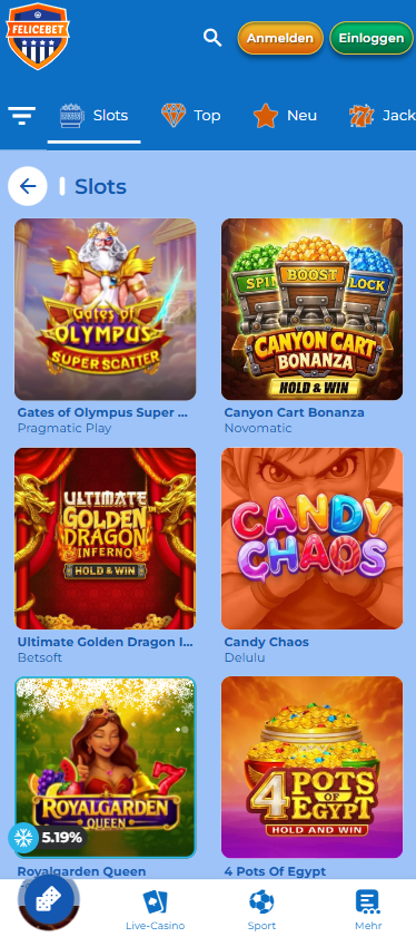 Spiellobby im Felicebet Casino zeigt Video Slots wie Candy Chaos neben anderen Spielkategorien