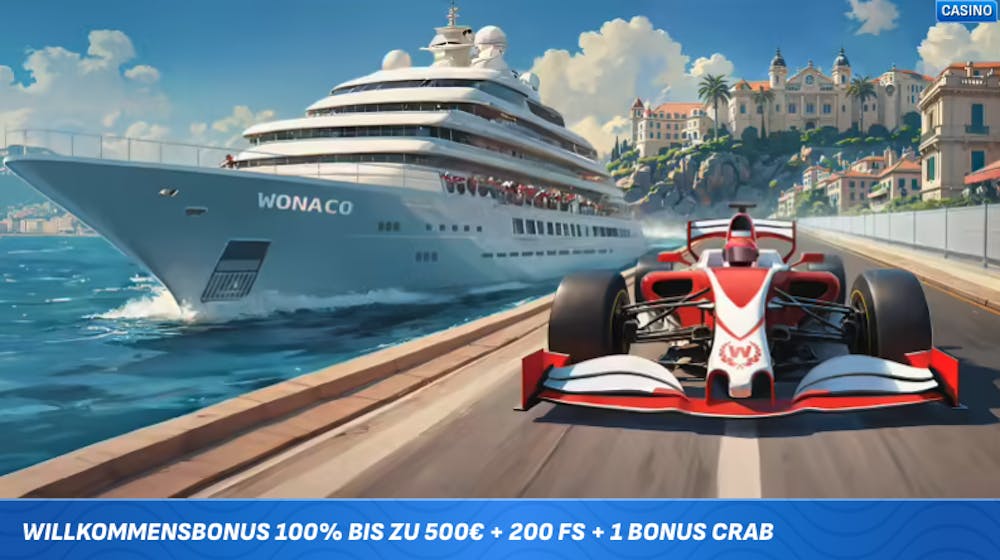 Wonaco Casino Willkommensbonus von 100 Prozent bis zu 500 € plus 200 Freispiele und eine Bonus Crab