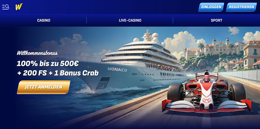 Wonaco Casino Startseite mit Anmeldebutton, Banner mit Willkommensbonus und Links zu Casino, Live Casino und Sportwettenbereich