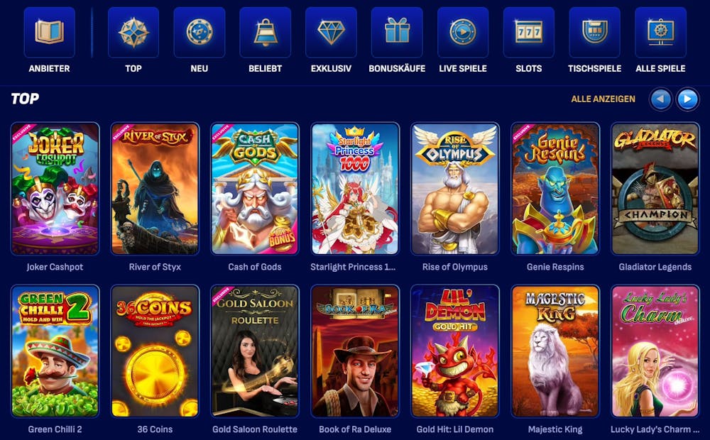 Wonaco Casino Spielelobby mit TOP Spielen und Übersicht der Spielkategorien